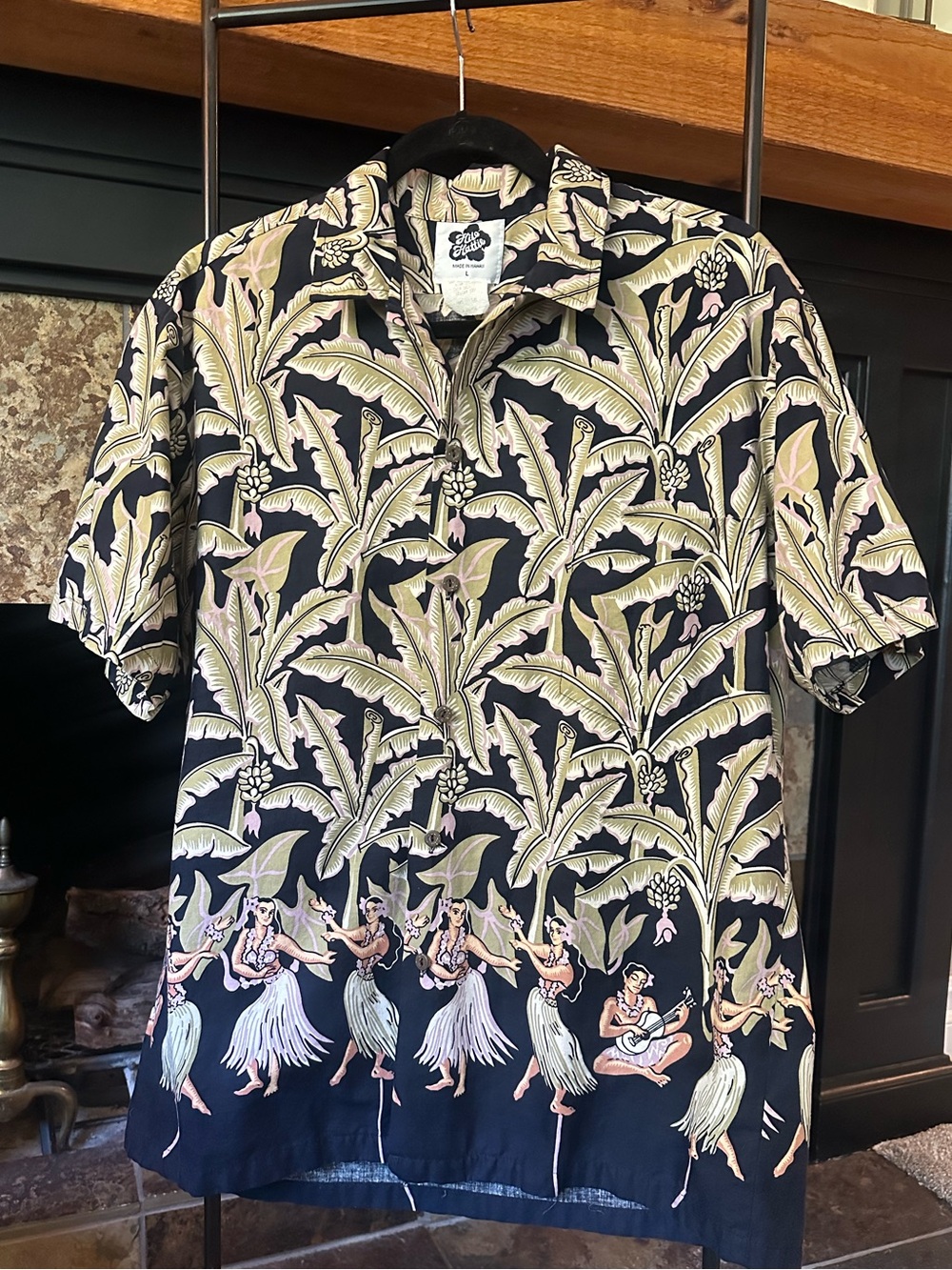 Hilo Hattie Black Hawaiian Shirt with Cream and Pink Hula Print